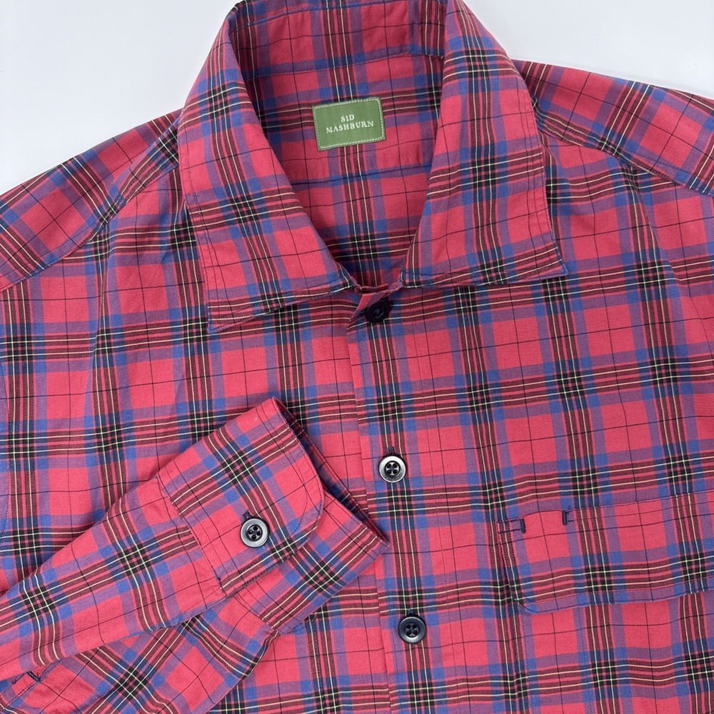 Sid Mashburn Mens Red Blue Plaid Long Sleeve Spread Collar Button Down Shirt